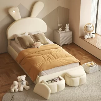 Kumix Upholstered Platform Bed with Cartoon Ears Shaped Headboard and Light, Kids Platform Bed Twin Size with Storage for Boys and Girls Teens, Upholstered Platform Bed Frame for Bedroom, Beige