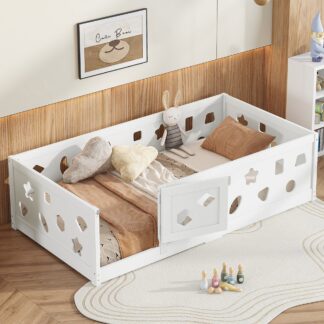 Kumix Floor Bed Twin Size, Wood Floor Bed with Heightened Safety Guardrails and Door for Kids Teens, Boys and Girls, No Slats Included, Heavy Duty Floor Bed for Child Bedroom, Kids Playroom, White