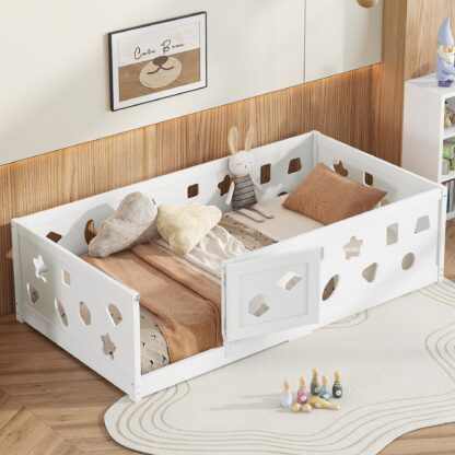 Kumix Floor Bed Twin Size, Wood Floor Bed with Heightened Safety Guardrails and Door for Kids Teens, Boys and Girls, No Slats Included, Heavy Duty Floor Bed for Child Bedroom, Kids Playroom, White