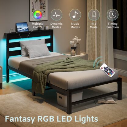 Kumix Platform Bed with USB Charging Station, LED, Metal Twin Size Platform with Headboard and Storage Shelf for Kids Teens Adults, Twin Platform Bed Frame, Strong Steel Slats, Noise Free, Black