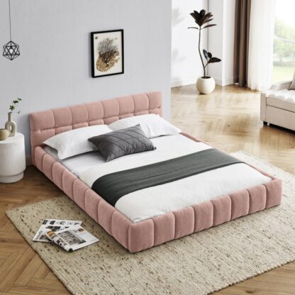 Kumix Queen Size Platform Bed, Upholstered Platform Bed with Thick Fabric, Chenille Fabric Grounded for Kids Teens Adults, Queen Platform Bed Frame with Headboard and Solid Frame, Pink