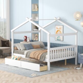 Kumix Platform Bed with Drawers, Wooden House Platform Bed Full Size with Roof Frame, Headboard and Footboard for Kids Teens Adults, Heavy Duty Platform Bed for Bedroom, Noise-Free, White