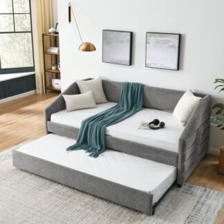 Kumix Twin Size Daybed with Trundle, Upholstered Sofa Bed with Channel Tufted Backrest for Kids Teens Adults, Linen Fabric Daybed for Bedroom, Daybed Frame with Wood Slats Supports, Grey