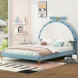 Kumix Platform Bed with Alarm Clock Shaped Headboard, Upholstered Platform Bed Full Size for Kids Teens Boys and Girls, Velvet Platform Bed Frame for Bedroom, Noise-Free, Easy Assembly, Blue