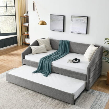 Kumix Twin Size Daybed with Trundle, Upholstered Sofa Bed with Channel Tufted Backrest for Kids Teens Adults, Linen Fabric Daybed for Bedroom, Daybed Frame with Wood Slats Supports, Grey