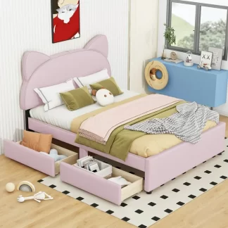 Kumix Full Size Cartoon Bed with 2 Large Storage Drawers, Kids Upholstered Platform Bed Frame, Girls Cute Beds for Bedroom, Cat Ears Shaped Headboard, No Box Spring Needed, Easy Assembly, Pink