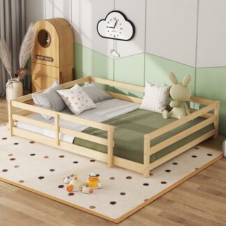 Kumix Floor Bed Full Size, Montessori Floor Bed with Fence Guardrail, No Slats Support, Wooden Montessori Floor Bed for Kids, Girls, Boys, Toddler Floor Bed Frame for Bedroom, Noise-Free, Natural