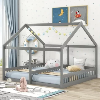 Kumix Double Floor Beds Twin Size, Wooden House Floor Beds with Roof Frame, Fence Guardrail for 2 Kids Teens Twins, Boys/Girls, Heavy Duty Floor Bed for Bedroom, Two Shared Beds, Noise-Free, Gray