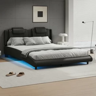 Kumix Full Size Platform Bed with LED Light and Adjustable Headboard, Modern Style Faux Leather Upholstered Platform Bed for Kids Teens Adults, Full Platform Bed Frame for Bedroom, Black