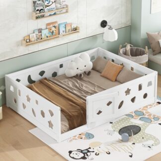 Kumix Floor Bed Full Size, Wood Floor Bed with Heightened Safety Guardrails and Door for Kids Teens, Boys and Girls, No Slats Included, Heavy Duty Floor Bed for Child Bedroom, Kids Playroom, White