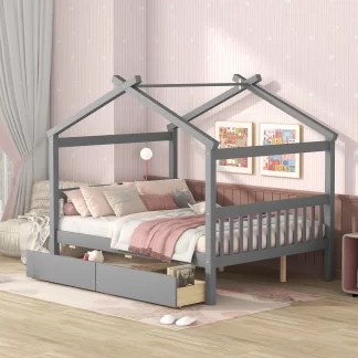 Kumix Platform Bed with Drawers, Wooden House Platform Bed Full Size with Roof Frame, Headboard and Footboard for Kids Teens Adults, Heavy Duty Platform Bed for Bedroom, Noise-Free, Gray