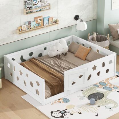 Kumix Floor Bed Full Size, Wood Floor Bed with Heightened Safety Guardrails and Door for Kids Teens, Boys and Girls, No Slats Included, Heavy Duty Floor Bed for Child Bedroom, Kids Playroom, White