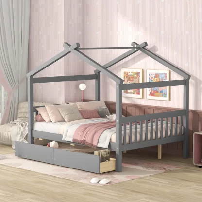 Kumix Platform Bed with Drawers, Wooden House Platform Bed Full Size with Roof Frame, Headboard and Footboard for Kids Teens Adults, Heavy Duty Platform Bed for Bedroom, Noise-Free, Gray