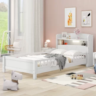 Kumix Platform Bed with Built-in LED Light, Wood Twin Size Platform Bed with Storage Headboard and Full- Length Guardrail for Kids Teens Boys and Girls, Twin Platform Bed Frame for Bedroom, White
