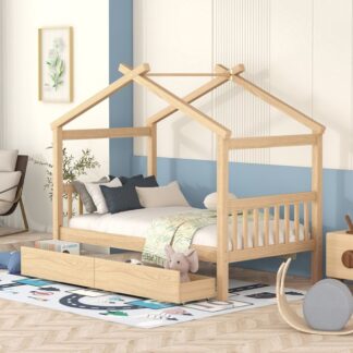 Kumix Platform Bed with Drawers, Wooden House Platform Bed Twin Size with Roof Frame, Headboard and Footboard for Kids Teens Adults, Heavy Duty Platform Bed for Bedroom, Noise-Free, Natural