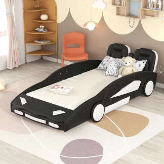 Kumix Twin Size Floor Bed, Race Car-Shaped Platform Bed with Wheels and Safety Rails for Kids Toddlers Young Teens, Wooden Floor Bed Frame for Bedroom, Toddler Foor Bed, Easy Assembly, Black