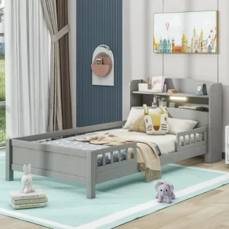 Kumix Platform Bed with Built-in LED Light, Wood Twin Size Platform Bed with Storage Headboard and Full- Length Guardrail for Kids Teens Boys and Girls, Twin Platform Bed Frame for Bedroom, Grey
