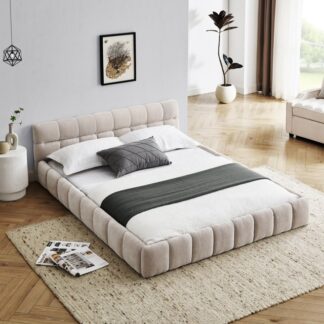 Kumix Queen Size Platform Bed, Upholstered Platform Bed with Thick Fabric, Chenille Fabric Grounded for Kids Teens Adults, Queen Platform Bed Frame with Headboard and Solid Frame, Beige