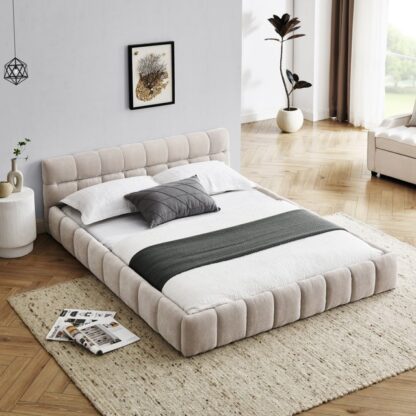 Kumix Queen Size Platform Bed, Upholstered Platform Bed with Thick Fabric, Chenille Fabric Grounded for Kids Teens Adults, Queen Platform Bed Frame with Headboard and Solid Frame, Beige