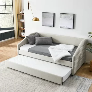 Kumix Twin Size Daybed with Trundle, Upholstered Sofa Bed with Channel Tufted Backrest for Kids Teens Adults, Linen Fabric Daybed for Bedroom, Daybed Frame with Wood Slats Supports, Beige