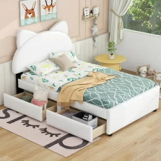 Kumix Twin Size Cartoon Bed with 2 Large Storage Drawers, Kids Upholstered Platform Bed Frame, Girls Cute Beds for Bedroom, Cat Ears Shaped Headboard, No Box Spring Needed, Easy Assembly, White