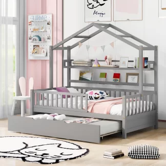 Kumix Platform Bed with Trundle, Wooden House Platform Bed Twin Size with Shelves, Roof and Fence Guardrail for Kids Teens Adults, 2 in 1 Beds, No Box Spring Needed, Noise-Free, Gray
