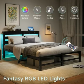 Kumix Platform Bed with USB Charging Station, LED, Metal Queen Size Platform with Headboard and Storage Shelf for Kids Teens Adults, Queen Platform Bed Frame, Strong Steel Slats, Noise Free, Black