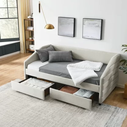 Kumix Twin Size Daybed with Drawers, Upholstered Sofa Bed with Channel Tufted Backrest for Kids Teens Adults, Linen Fabric Daybed for Bedroom, Daybed Frame with Wood Slats Supports, Beige