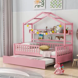 Kumix Platform Bed with Trundle, Wooden House Platform Bed Twin Size with Shelves, Roof and Fence Guardrail for Kids Teens Adults, 2 in 1 Beds, No Box Spring Needed, Noise-Free, Pink
