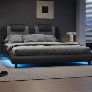 Kumix Queen Size Platform Bed with LED Light and Adjustable Headboard, Modern Style Faux Leather Upholstered Platform Bed for Kids Teens Adults, Queen Platform Bed Frame for Bedroom, Grey
