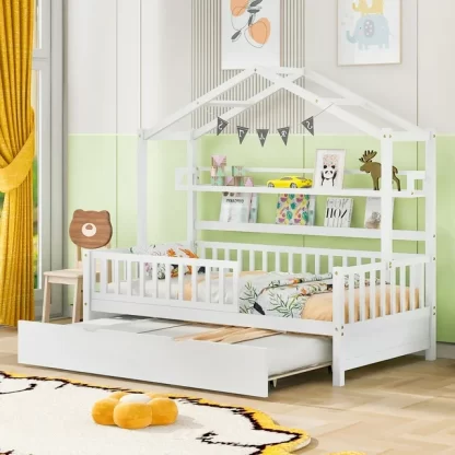 Kumix Platform Bed with Trundle, Wooden House Platform Bed Twin Size with Shelves, Roof and Fence Guardrail for Kids Teens Adults, 2 in 1 Beds, No Box Spring Needed, Noise-Free, White