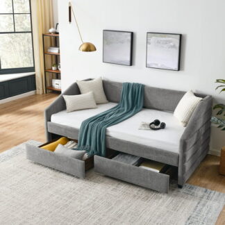 Kumix Twin Size Daybed with Drawers, Upholstered Sofa Bed with Channel Tufted Backrest for Kids Teens Adults, Linen Fabric Daybed for Bedroom, Daybed Frame with Wood Slats Supports, Grey