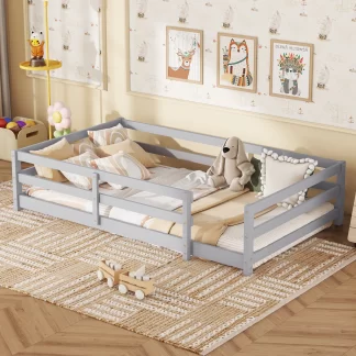 Kumix Floor Bed Twin Size, Montessori Floor Bed with Fence Guardrail, No Slats Support, Wooden Montessori Floor Bed for Kids, Girls, Boys, Toddler Floor Bed Frame for Bedroom, Noise-Free, Gray