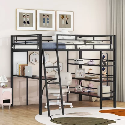 Kumix Loft Bed with Desk and Whiteboard, Metal Loft Bed Full Size with Shelves, Safety Guardrail and Ladder for Kids Teens Adults, Full Loft Bed Frame for Bedroom, Space-Saving, Noise-Free, Black
