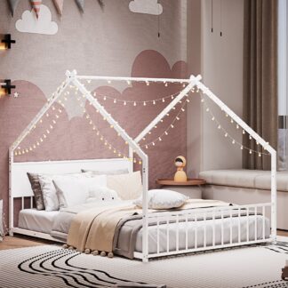 Kumix Floor Bed with Colorful Lights, Metal House Floor Bed Full Size with Roof and 13 Slats Support, House Bed Frame for Boys, Girls and Young Teens, Noise-Free, No Box Spring Needed, White