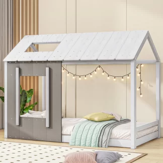 Kumix Floor Bed Twin Size, Wooden Floor Bed with Roof and Window for Kids, Boys & Girls, without Slats, Kids House Floor Bed Frame for Bedroom, No Box Spring Needed, Noise-Free, White+Grey