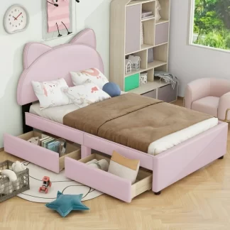Kumix Twin Size Cartoon Bed with 2 Large Storage Drawers, Kids Upholstered Platform Bed Frame, Girls Cute Beds for Bedroom, Cat Ears Shaped Headboard, No Box Spring Needed, Easy Assembly, Pink