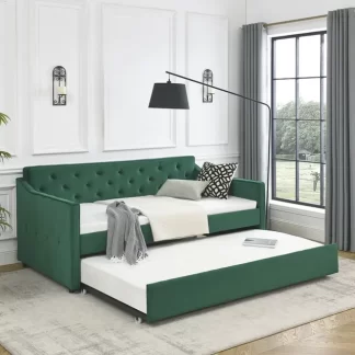 Kumix Twin Size Daybed with Trundle, Upholstered Tufted Sofa Bed with Waved Shape Arms for Kids Teens Adults Guest, Upholstered Tufted Daybed Frame for Bedroom, Noise-Free, Easy Assembly, Green