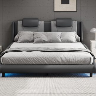 Kumix King Size Platform Bed with LED Light and Adjustable Headboard, Modern Style Faux Leather Upholstered Platform Bed for Kids Teens Adults, King Platform Bed Frame for Bedroom, Grey