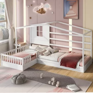 Kumix L-Shaped Platform Beds with Roof, Wood 2 Twin Corner Bed Beds with Fence Guardrail and Slatted Frame for Kids Teens Guests, Low Platform Beds for Bedroom, 2 in 1, Noise-Free, White