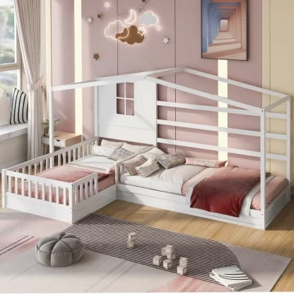 Kumix L-Shaped Platform Beds with Roof, Wood 2 Twin Corner Bed Beds with Fence Guardrail and Slatted Frame for Kids Teens Guests, Low Platform Beds for Bedroom, 2 in 1, Noise-Free, White