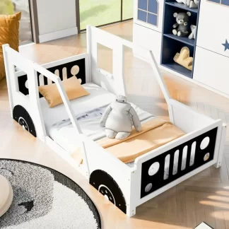 Kumix Twin Size Platform Bed, Wooden Classic Car-Shaped Platform Bed with Wheels/Headboard/Footboard/Doors/Windows for Kids Boys and Girls, Kids Platform Bed for Bedroom, Noise-Free, White