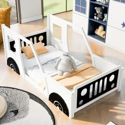 Kumix Twin Size Platform Bed, Wooden Classic Car-Shaped Platform Bed with Wheels/Headboard/Footboard/Doors/Windows for Kids Boys and Girls, Kids Platform Bed for Bedroom, Noise-Free, White
