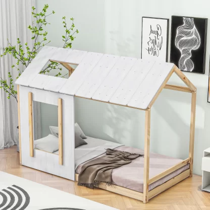 Kumix Floor Bed Twin Size, Wooden Floor Bed with Roof and Window for Kids, Boys & Girls, without Slats, Kids House Floor Bed Frame for Bedroom, No Box Spring Needed, Noise-Free, White+Natural