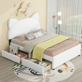 Kumix Full Size Cartoon Bed with 2 Large Storage Drawers, Kids Upholstered Platform Bed Frame, Girls Cute Beds for Bedroom, Cat Ears Shaped Headboard, No Box Spring Needed, Easy Assembly, White