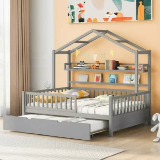 Kumix Platform Bed with Trundle, Wooden House Platform Bed Full Size with Shelves, Roof and Fence Guardrail for Kids Teens Adults, 2 in 1 Beds, No Box Spring Needed, Noise-Free, Gray