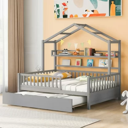 Kumix Platform Bed with Trundle, Wooden House Platform Bed Full Size with Shelves, Roof and Fence Guardrail for Kids Teens Adults, 2 in 1 Beds, No Box Spring Needed, Noise-Free, Gray