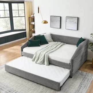 Kumix Full Daybed with Trundle, Upholstered Sofa Bed with Channel Tufted Backrest for Kids Teens Adults, Linen Fabric Daybed for Bedroom, Daybed Frame with Wood Slats Supports, Grey