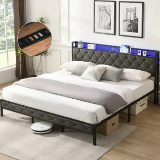 Kumix King Size Platform Bed with Storage Headboard, Charging Station and LED Lights, Upholstered Platform Bed with Heavy Metal Slats for Kids Teens Adults, Noise Free, Easy Assembly, Dark Gray
