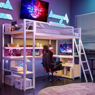 Kumix Loft Bed with Desk, Metal Loft Bed Twin Size with Built-in Work Station, LED, Shelves and Multiple Storage for Kids Teens Adults, Noise-Free Loft Bed Frame with Guardrail and Ladder, White